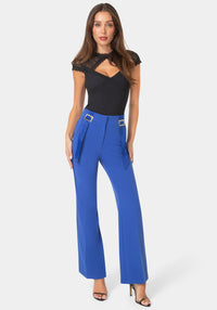 Detail View-GOLD BUCKLE DETAIL STRAIGHT LEG PANTS-LUXE BLUE