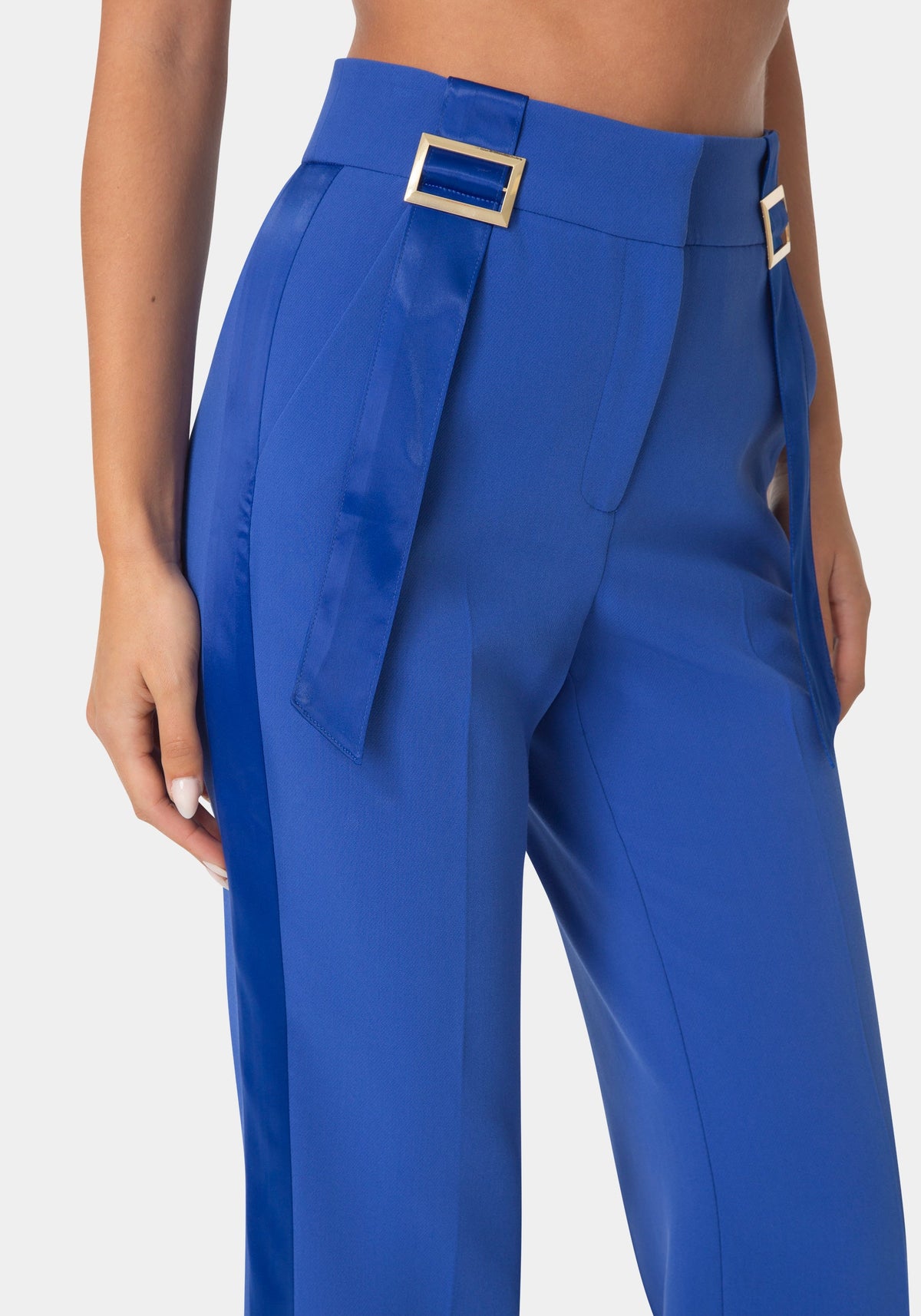 Side View-GOLD BUCKLE DETAIL STRAIGHT LEG PANTS-LUXE BLUE