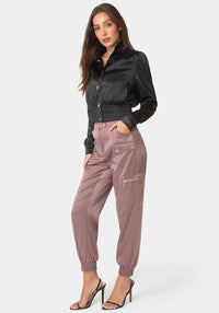 Side View-LIQUID SATIN CARGO JOGGERS-TRUFFLE