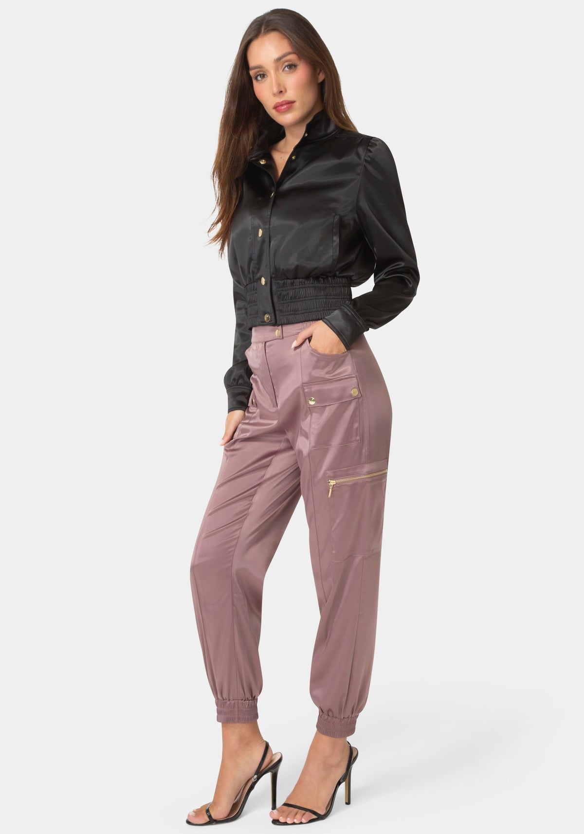 Side View-LIQUID SATIN CARGO JOGGERS-TRUFFLE