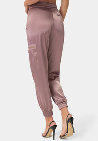Back View-LIQUID SATIN CARGO JOGGERS-TRUFFLE