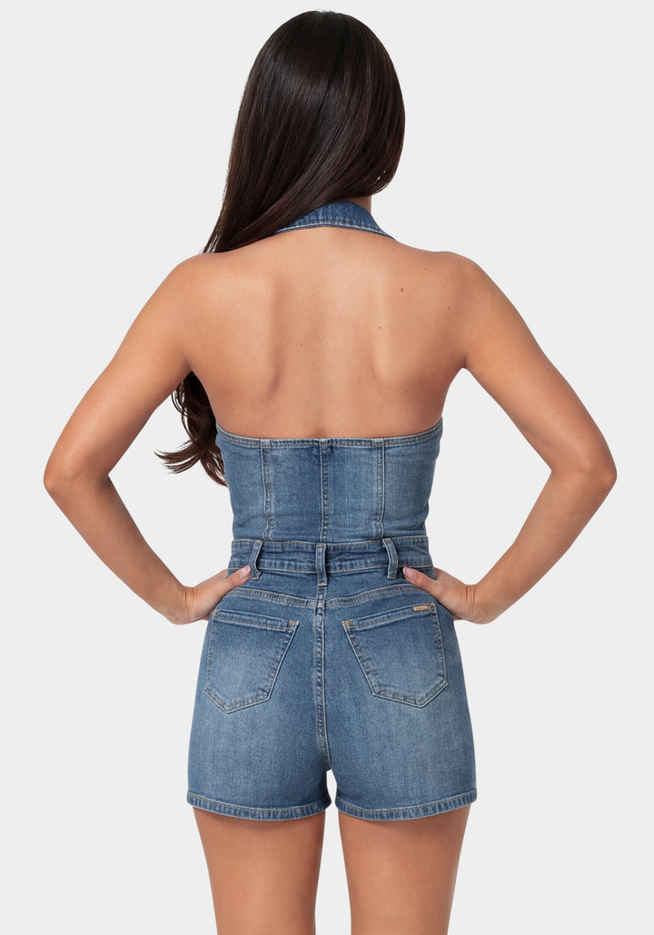 Back View-Fitted Halter Denim Romper-ICONIC BLUE WASH
