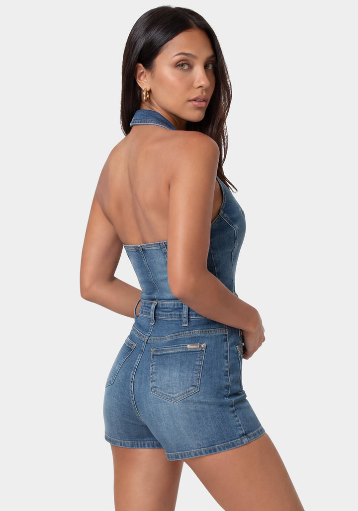 Side View-Fitted Halter Denim Romper-ICONIC BLUE WASH