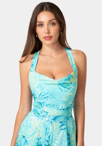 Front View-DRAPEY NECKLINE FLOWY ROMPER-LAGOONBLOOM