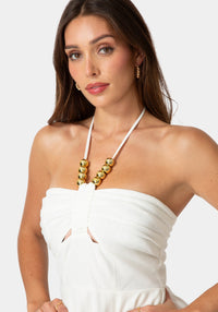 Front View-FLARE LINEN ROMPER-WHITE ALYSSUM