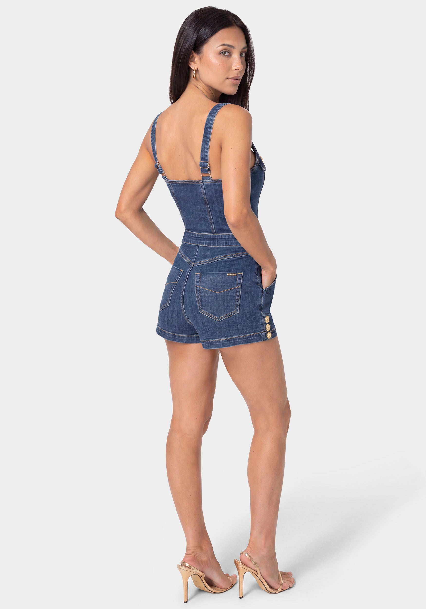 Back View-FOOLER DENIM ROMPER-BLUE OBSESSION WASH