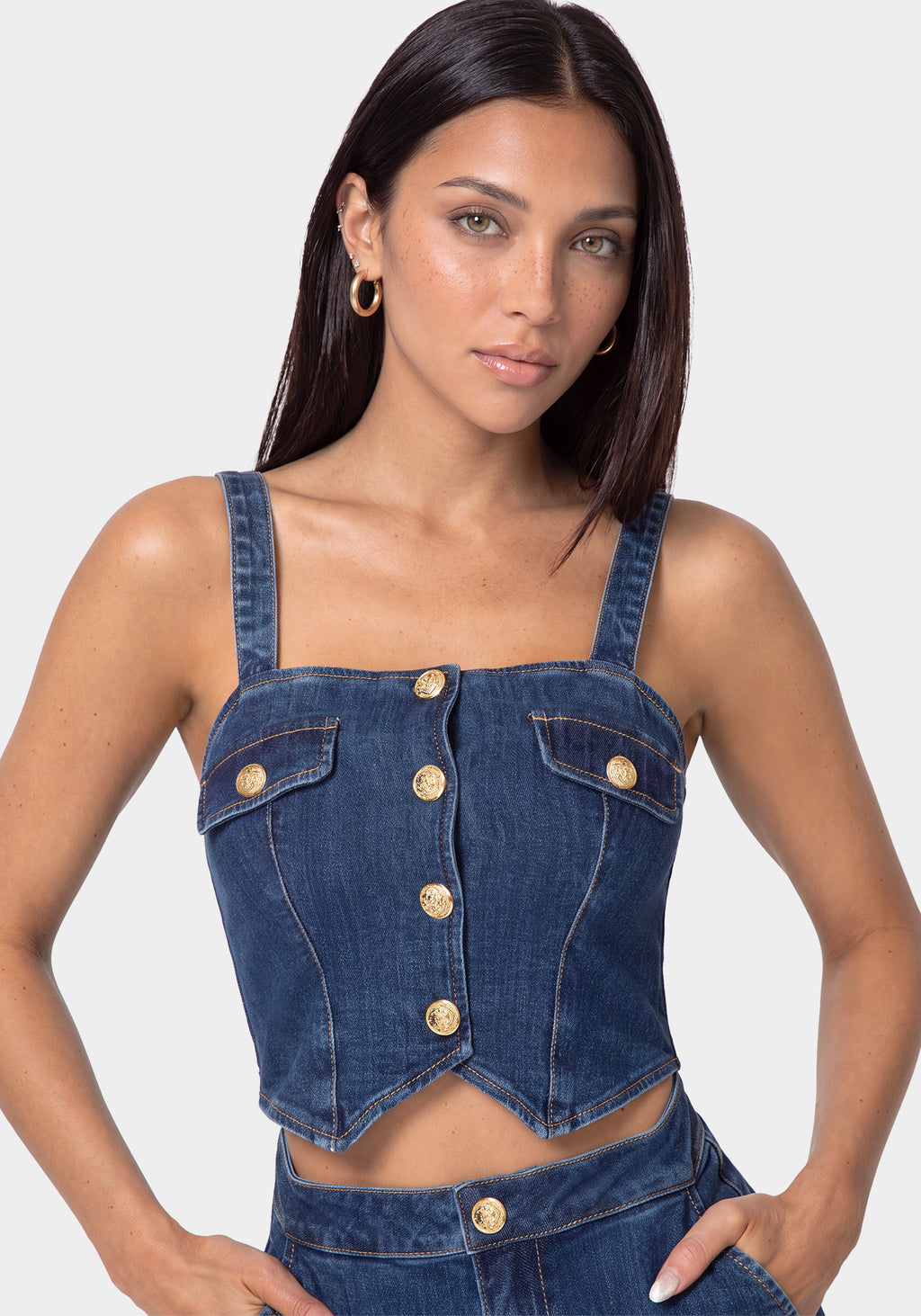 Front View-FOOLER DENIM ROMPER-BLUE OBSESSION WASH