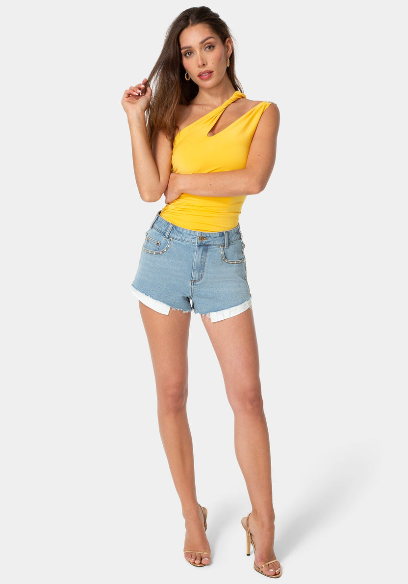 Detail View-STUDDED HIGH WAIST DENIM SHORTS-SILVER LAKE WASH