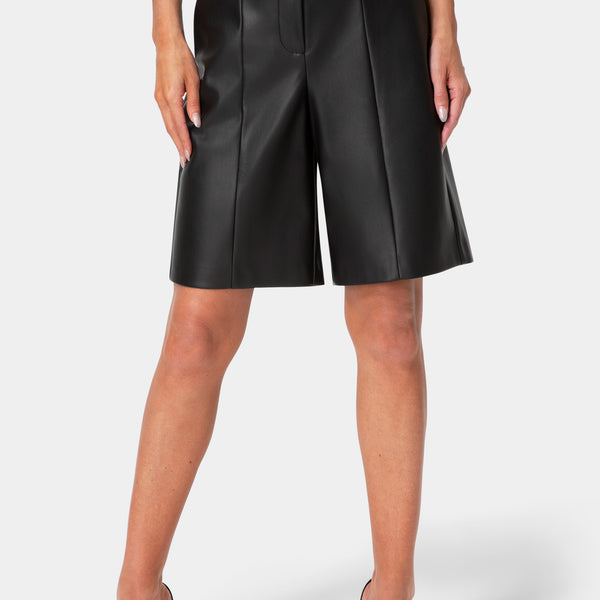 Front View-VEGAN LEATHER BERMUDA PANTS-BLACK