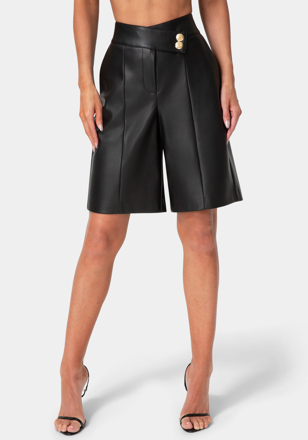 Front View-VEGAN LEATHER BERMUDA PANTS-BLACK