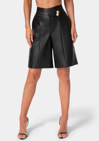 Front View-VEGAN LEATHER BERMUDA PANTS-BLACK