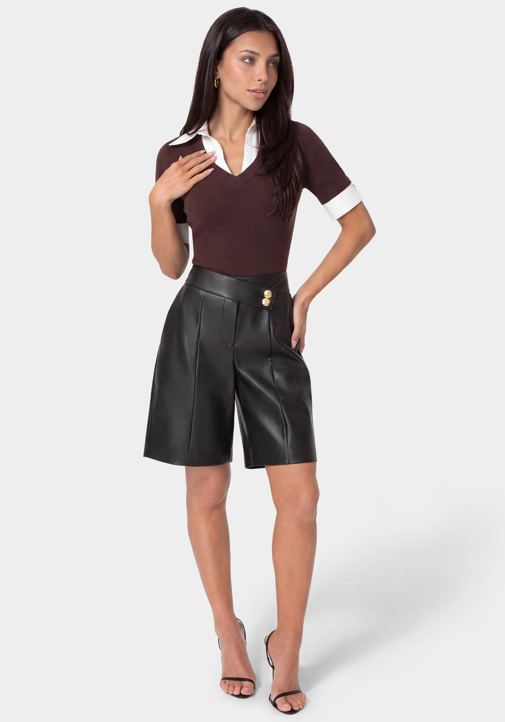 Side View-VEGAN LEATHER BERMUDA PANTS-BLACK