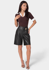 Side View-VEGAN LEATHER BERMUDA PANTS-BLACK