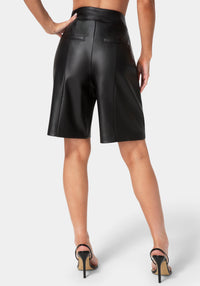 Back View-VEGAN LEATHER BERMUDA PANTS-BLACK