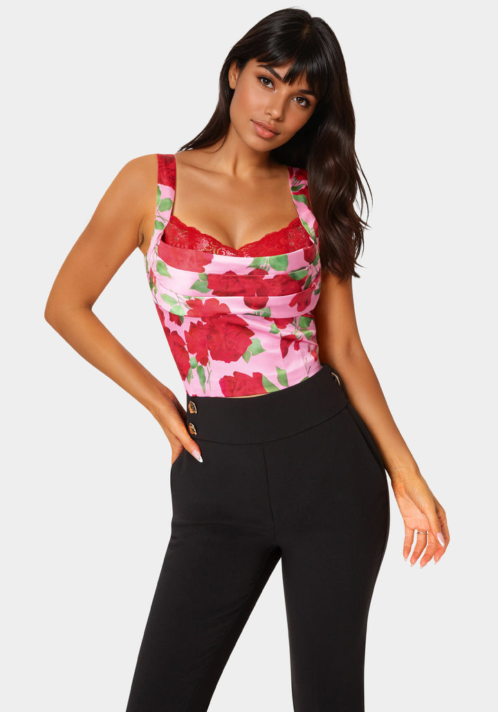 Front View-Front Drape Corset Top-Rose Seduction Print