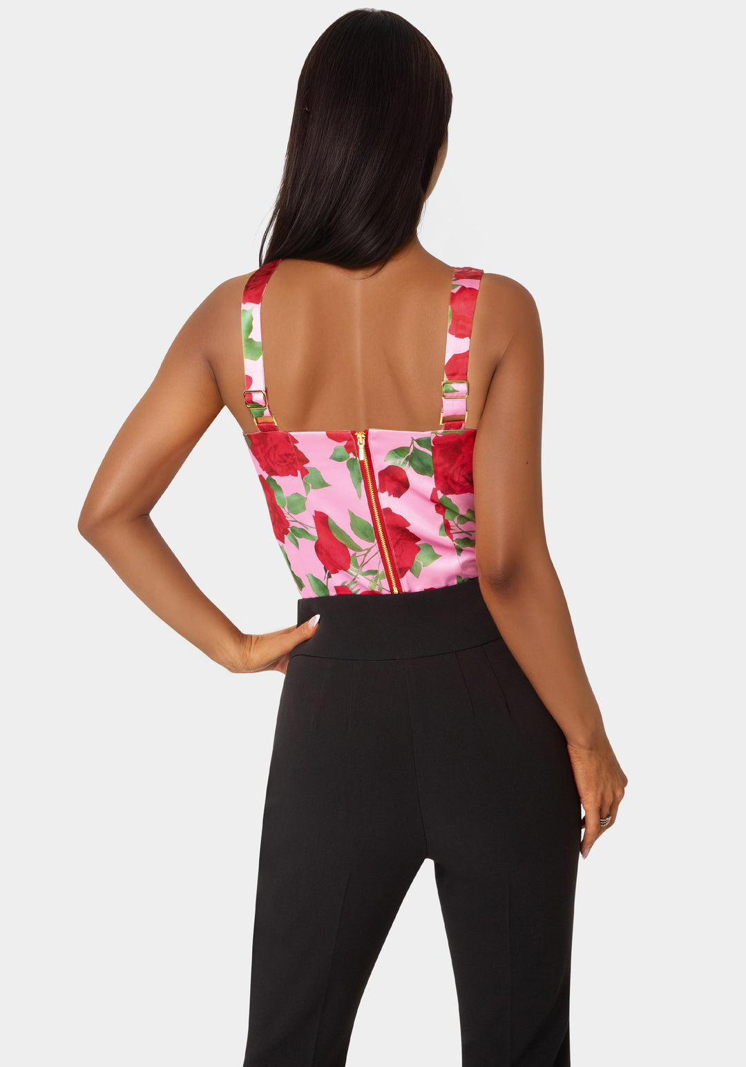 Back View-Front Drape Corset Top-Rose Seduction Print