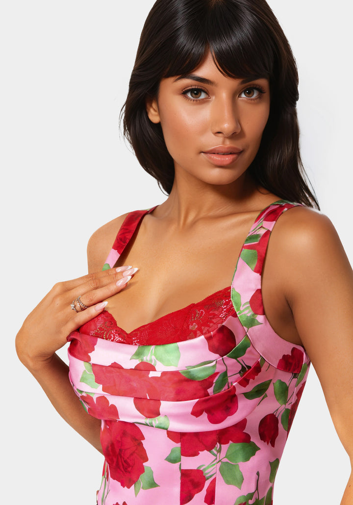 Other View-Front Drape Corset Top-Rose Seduction Print