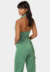 Back view - Front Shirring Halter Top - Matcha Green
