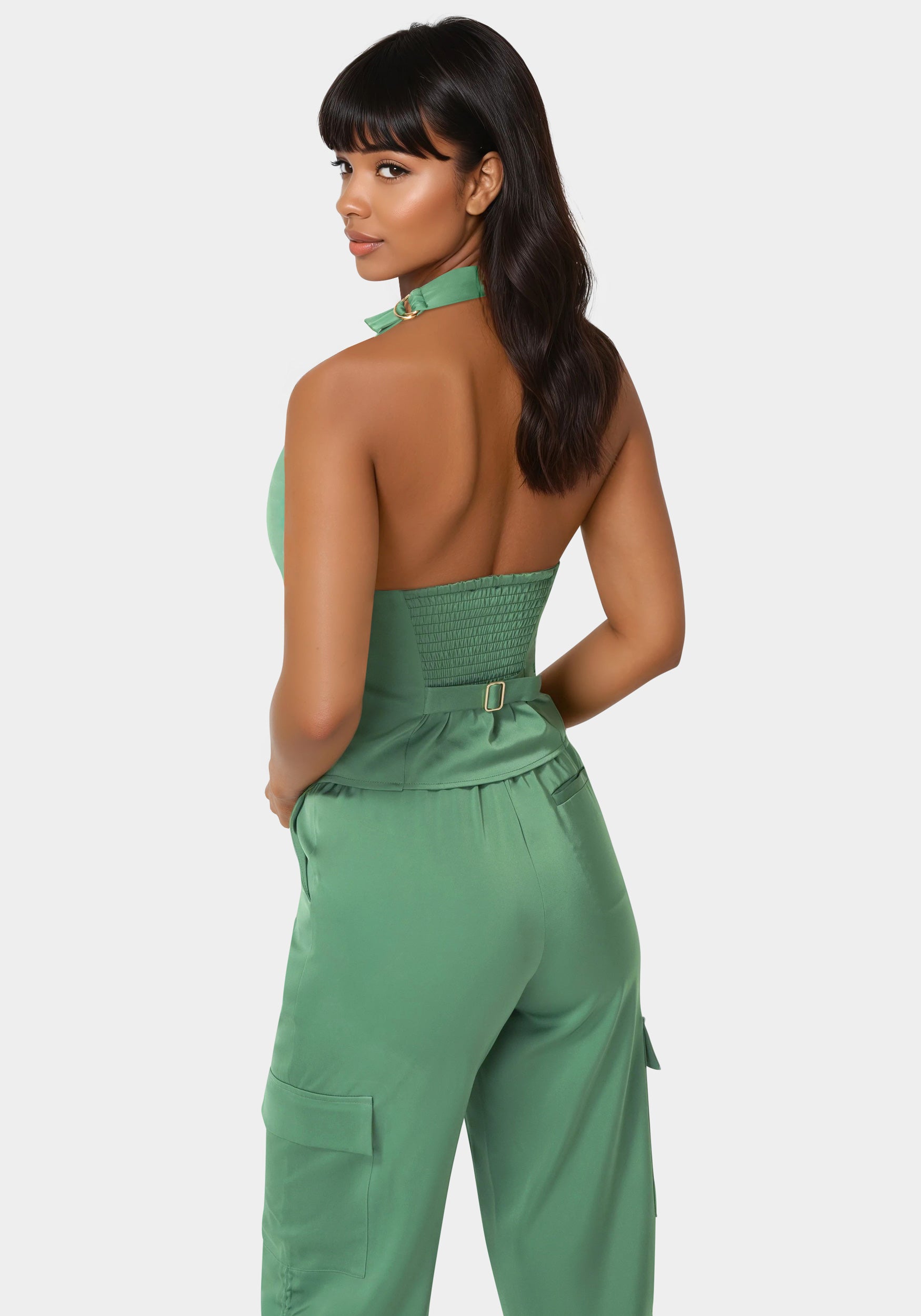 Back view - Front Shirring Halter Top - Matcha Green