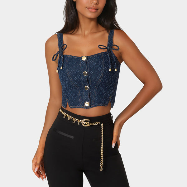 Front view - Textured Denim Bustier - Dark Blue Wash