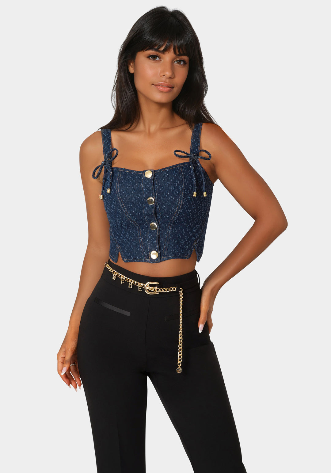 Front view - Textured Denim Bustier - Dark Blue Wash