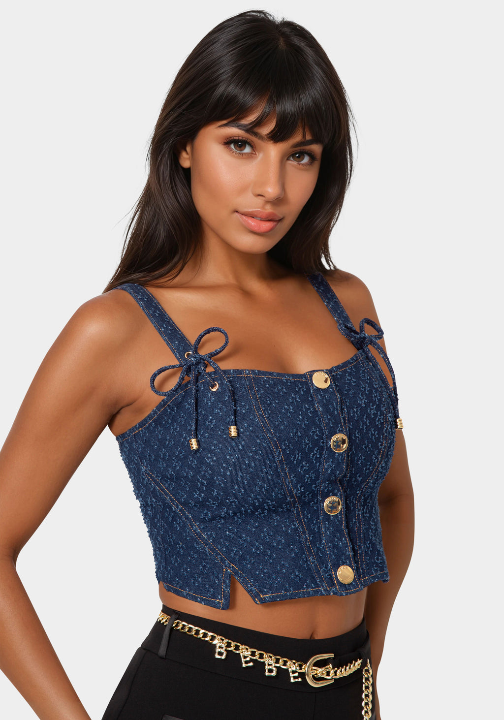Side view - Textured Denim Bustier - Dark Blue Wash