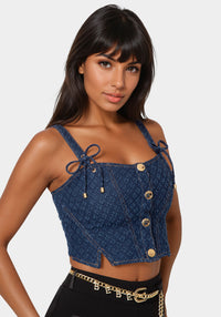 Side view - Textured Denim Bustier - Dark Blue Wash