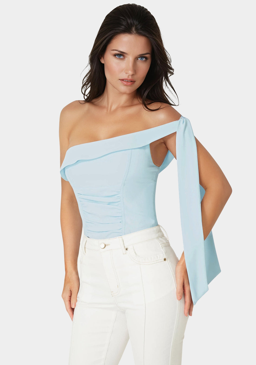 Front View-Asymmetrical Shoulder Tie Top-Celeste