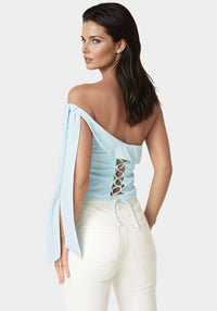 Back View-Asymmetrical Shoulder Tie Top-Celeste