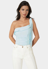 Detail View-Asymmetrical Shoulder Tie Top-Celeste
