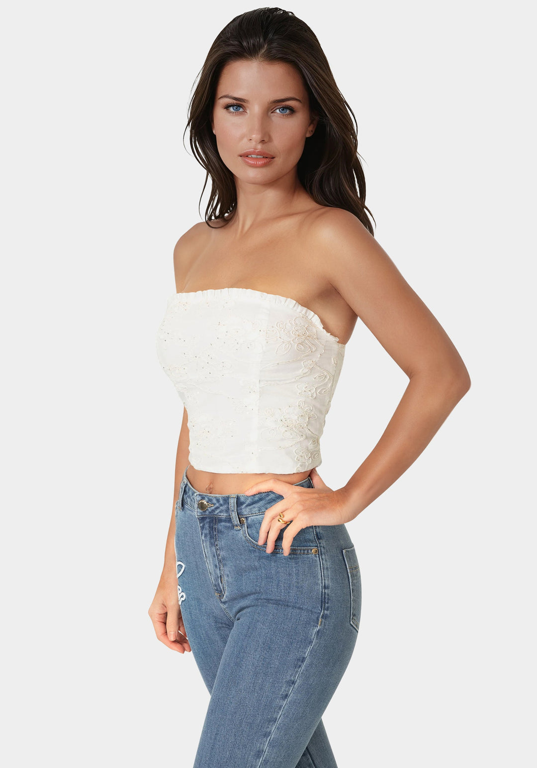 Side View-Strapless Embroidery Corset Top-White Alyssum