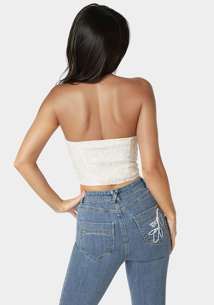Back View-Strapless Embroidery Corset Top-White Alyssum