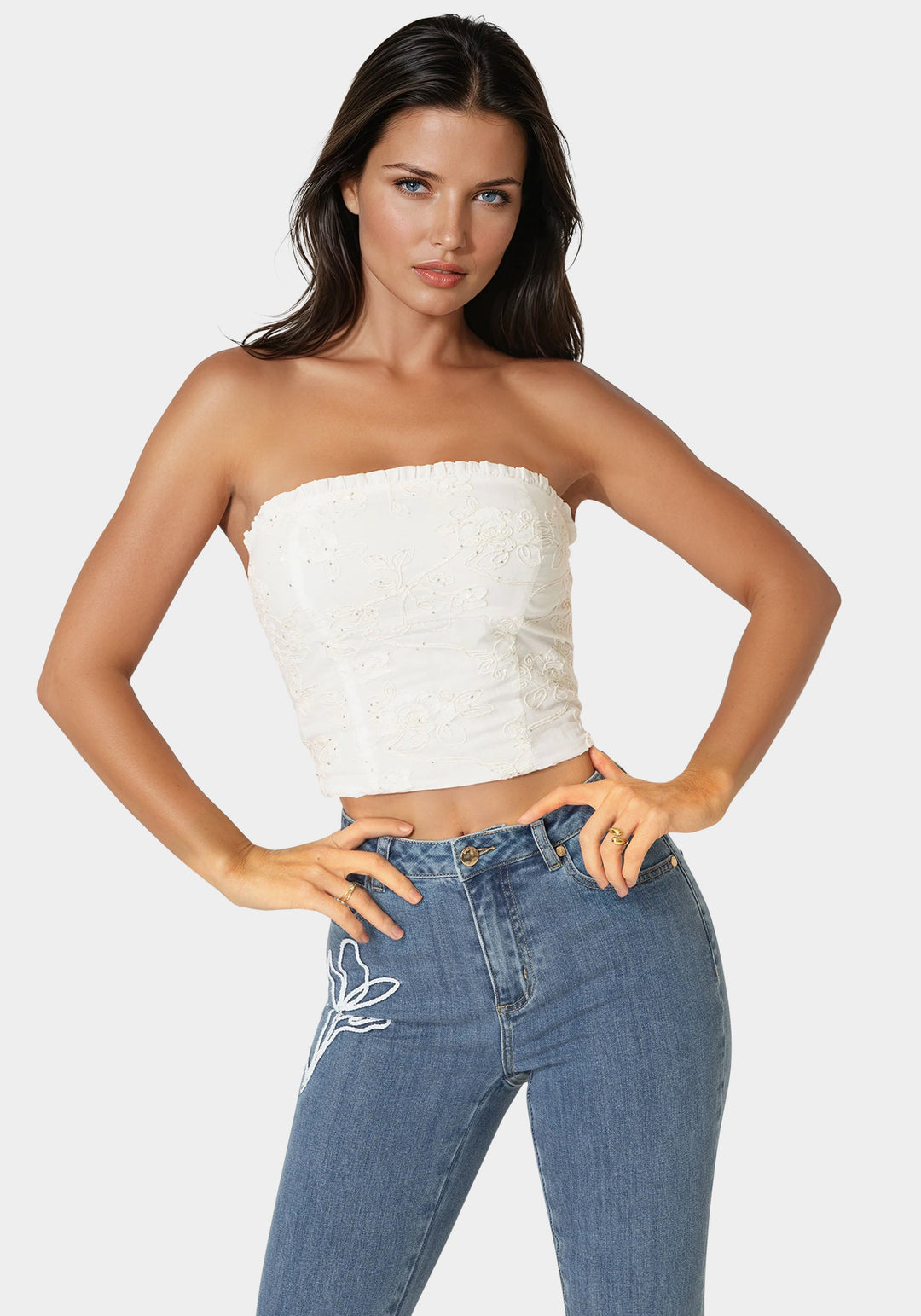 Front View-Strapless Embroidery Corset Top-White Alyssum