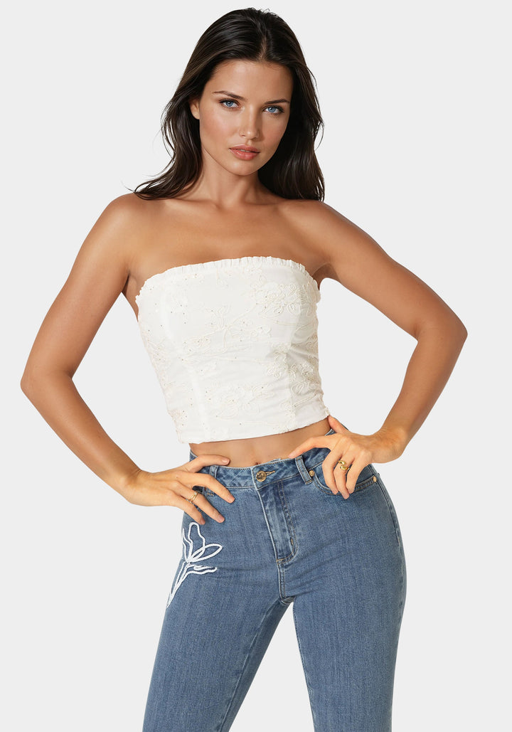 Front View-Strapless Embroidery Corset Top-White Alyssum