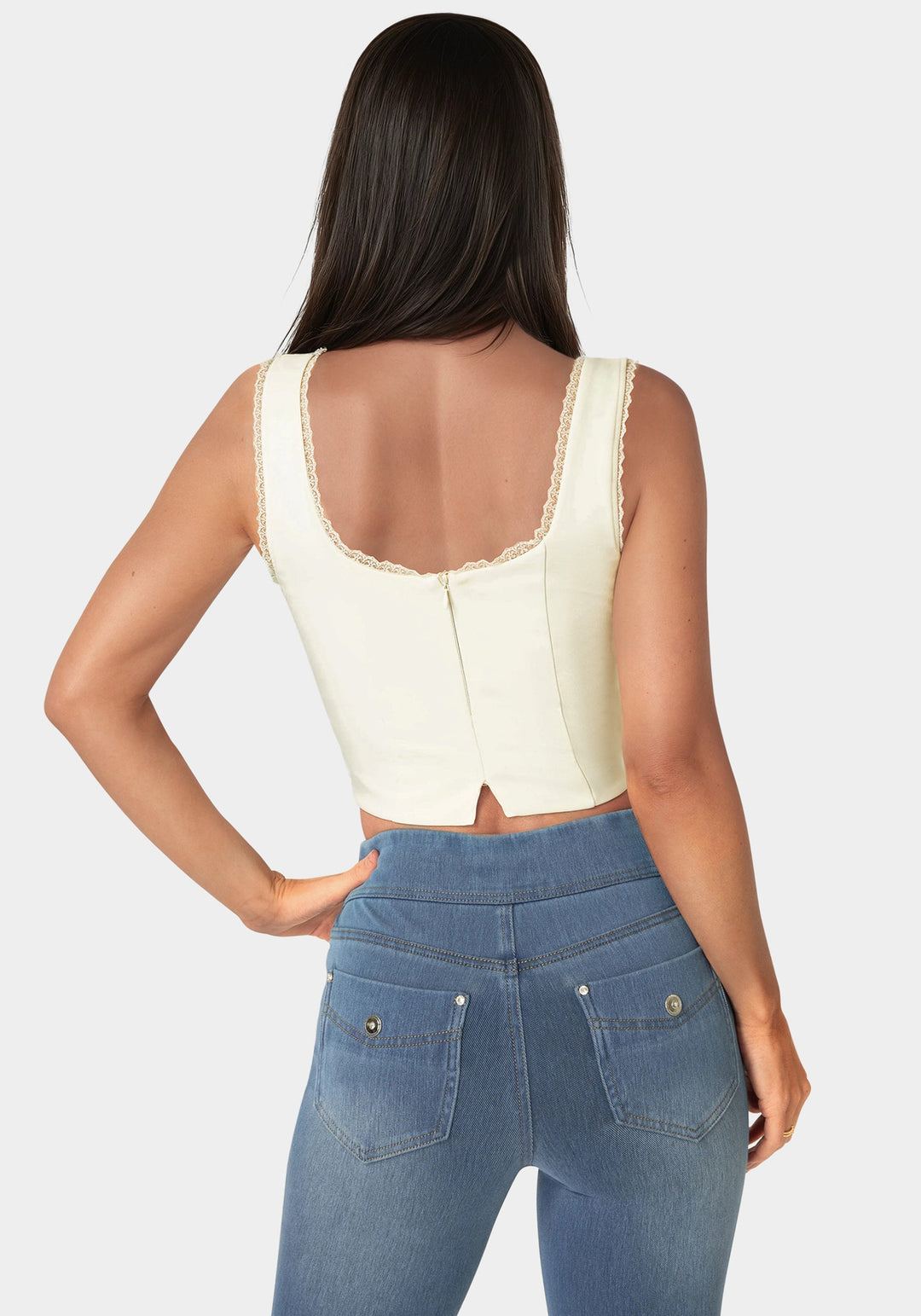 Back View-Front Tie Corset Top-Butter Cream