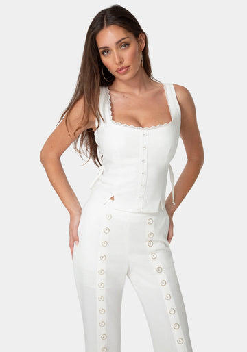 Front View-Lace Up Linen Top-WHITE ALYSSUM