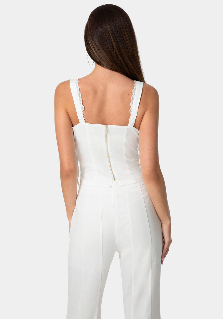 Back View-Lace Up Linen Top-WHITE ALYSSUM