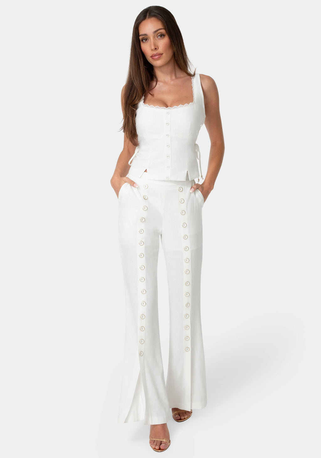 Detail View-Lace Up Linen Top-WHITE ALYSSUM