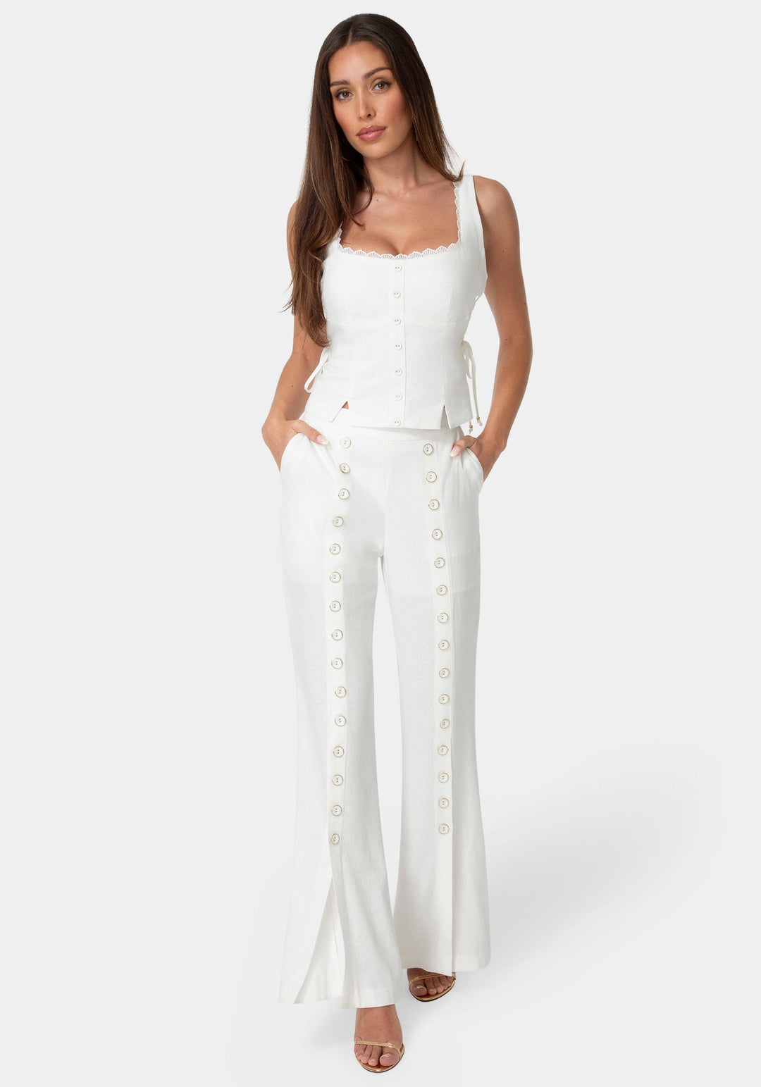 Detail View-Lace Up Linen Top-WHITE ALYSSUM