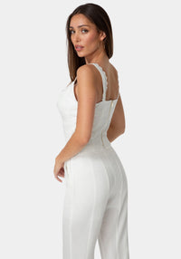 Side View-Lace Up Linen Top-WHITE ALYSSUM