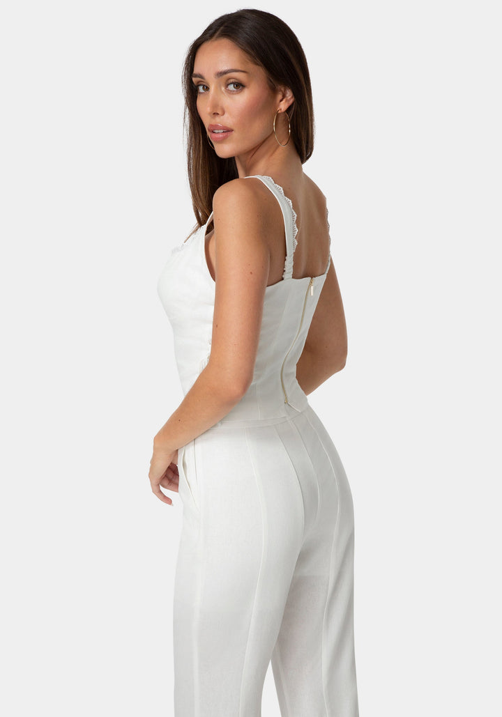 Side View-Lace Up Linen Top-WHITE ALYSSUM