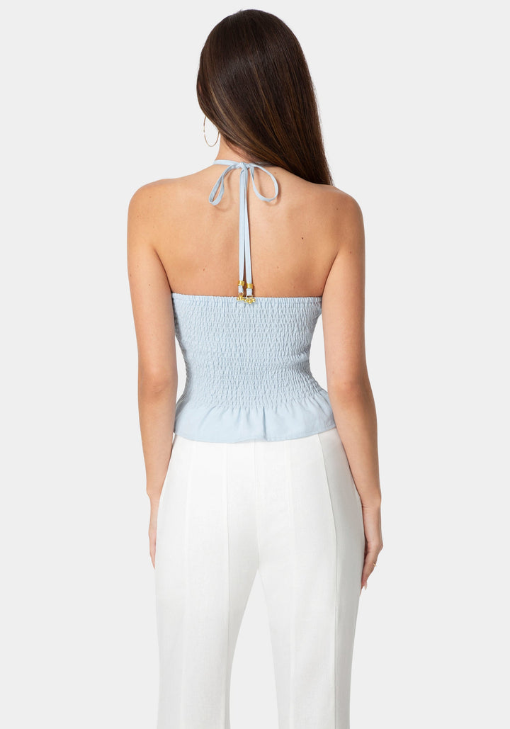 Back View-Neck Tie Smocked Linen Top-OCEAN VEIL
