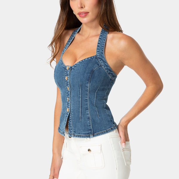 Side View-HALTER DENIM TOP-ICONIC BLUE WASH