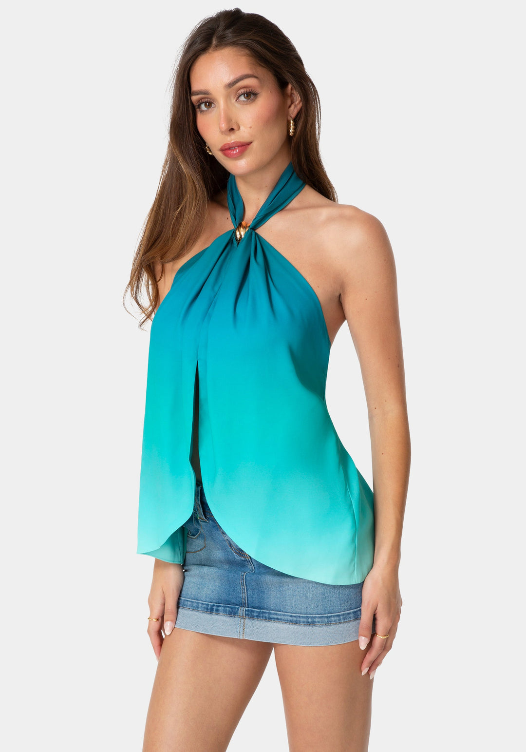 Side View-RESORT HALTER FLOWY TOP-DEEP LAGOON