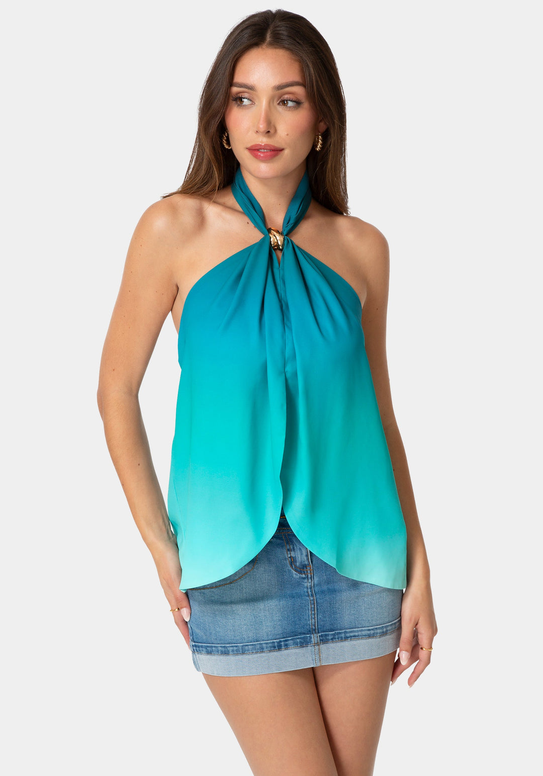 Front View-RESORT HALTER FLOWY TOP-DEEP LAGOON