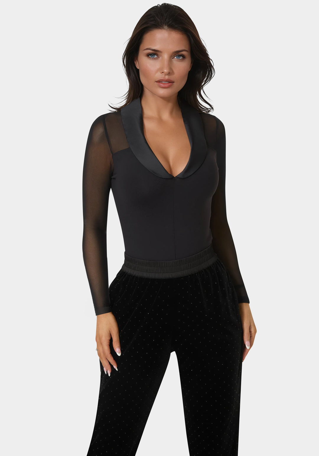 Front View-Tuxedo Look Bodysuit-Black