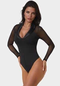 Side View-Tuxedo Look Bodysuit-Black