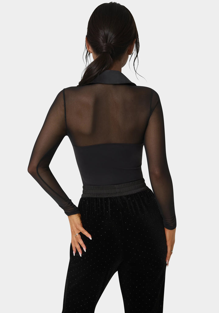 Back View-Tuxedo Look Bodysuit-Black