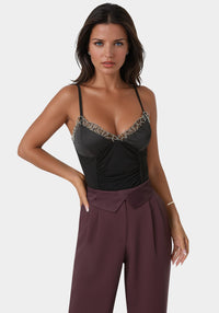 Front View-Satin Lace Bodysuit-Black