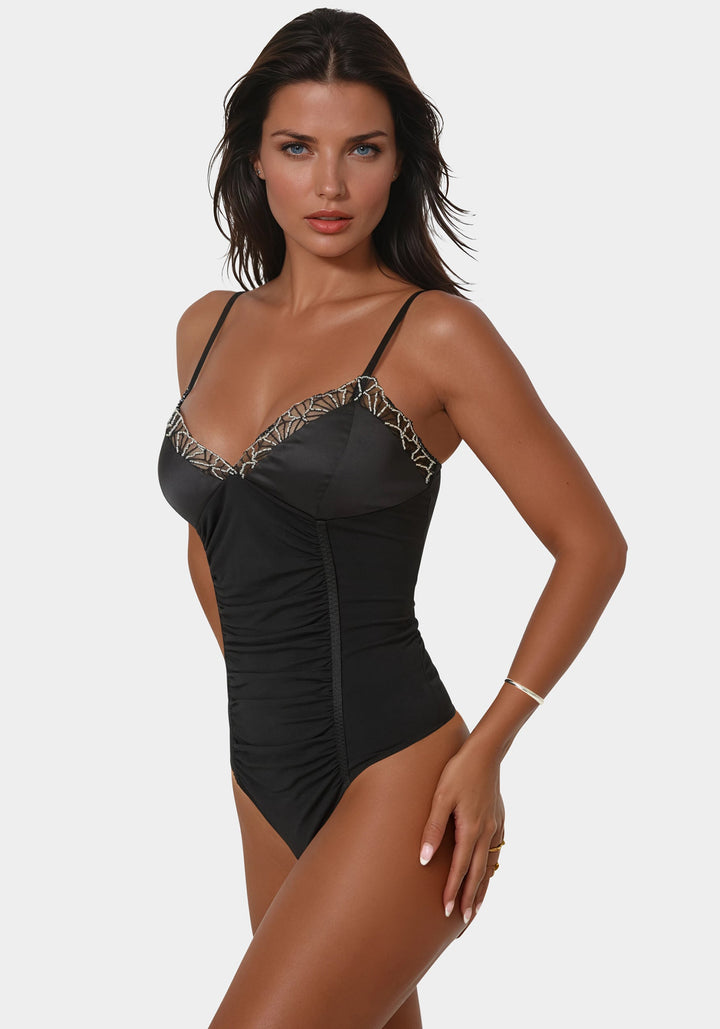 Side View-Satin Lace Bodysuit-Black